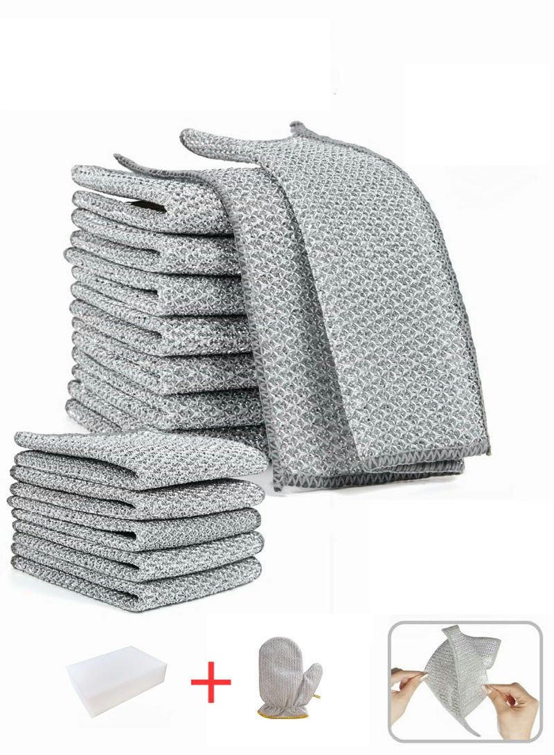 14-Piece Non-Scratch Steel Wire Dish Cloth Cleaning Set, Multi-purpose wet & dry steel wire dish cloth, easy to clean and reusable, ideal for kitchen, sink and basin. Includes 12 non-scratch steel wire dish cloths, 1 cleaning sponge and 1 pair of cleaning gloves. - Image 1